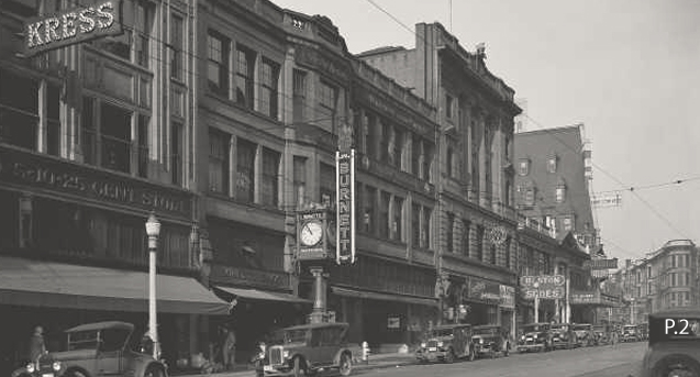West side of Broadway looking north from South 11th Street, downtown Tacoma — October 1929, showing S.H. Kress & Co. and neighboring storefronts